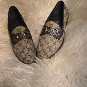 Gucci Tan and Dark Brown Loafers with Gold Detail